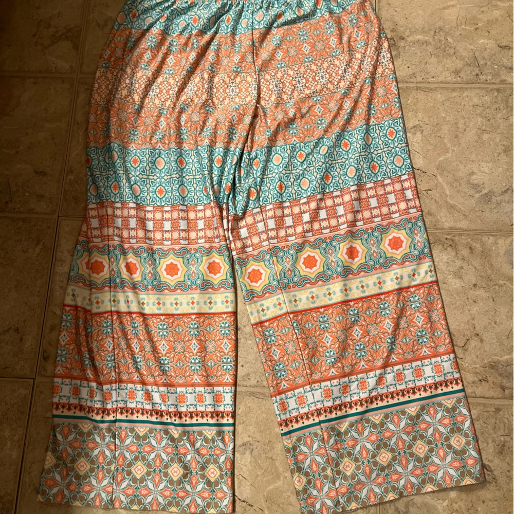 Women's Printed Palazzo Sleep Pants in Coral & Teal